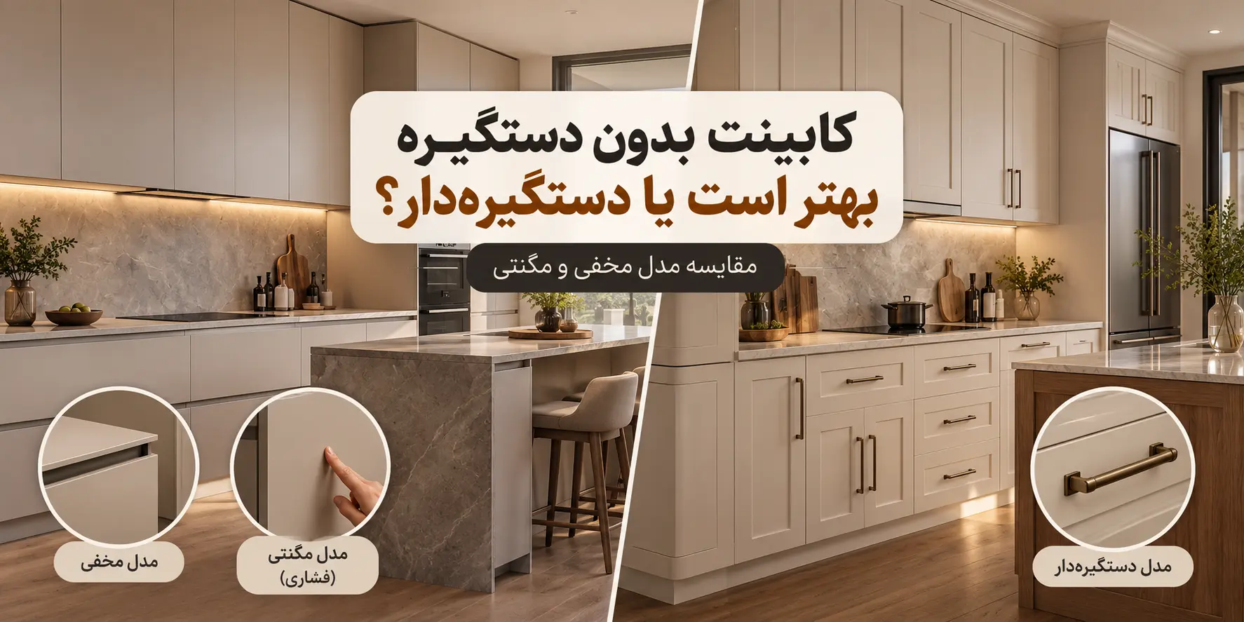 کابینت بدون دستگیره بهتر است یا دستگیره‌دار؟ مقایسه مدل مخفی و مگنتی